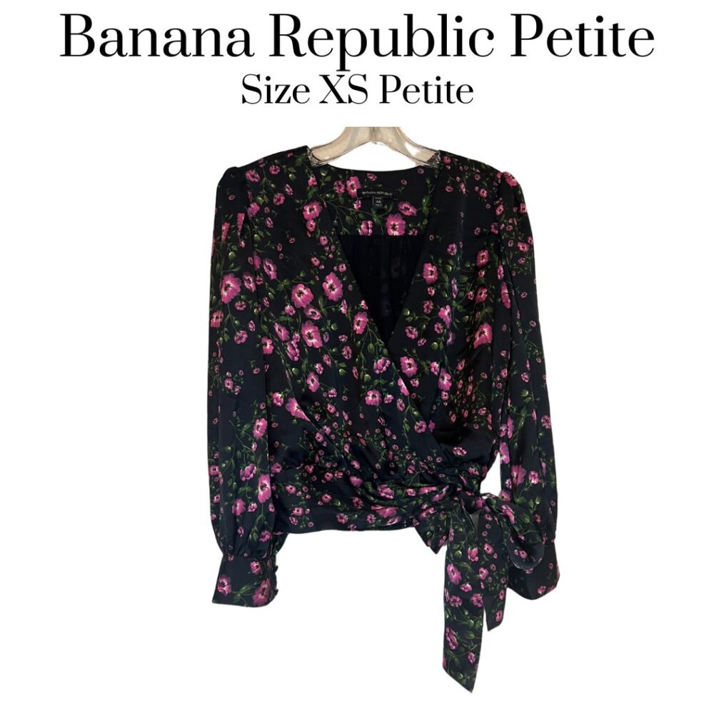 EUC Banana Republic floral tie front volume sleeve wrap top pink black XS petite